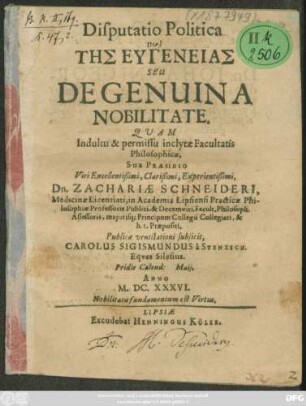 Disputatio Politica Peri Tēs Eugeneias Seu De Genuina Nobilitate