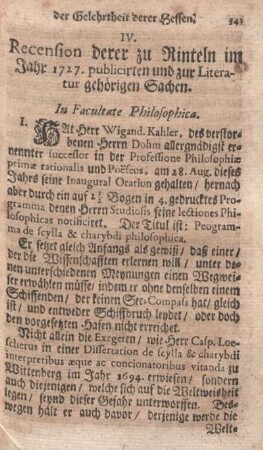 IV. Recension derer zu Rinteln im Jahr 1727. publicirten und zur Literatur gehörigen Sachen.
