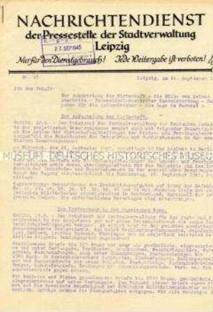Interner Nachrichtendienst der Stadtverwaltung Leipzig u.a. über den Postverkehr in der SBZ und zum Prozess gegen Aufseher der KZ's Belsen und Auschwitz ("Nur für den Dienstgebrauch")