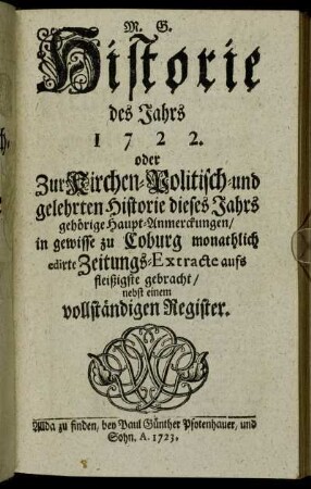 Coburgischer Zeitungs-Extract aufs Jahr 1722.