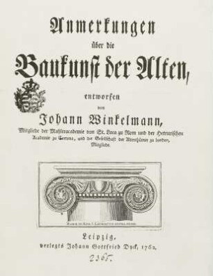 "Anmerkungen über die Baukunst der Alten", Titelblatt