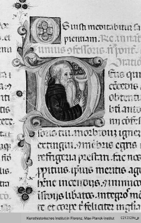 Missale Romanum : Textseite mit historisierter Initiale D: Antonius Abbas und ornamentierter Initiale O