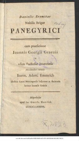 Danielis Eremitae Nobilis Belgae Panegyrici
