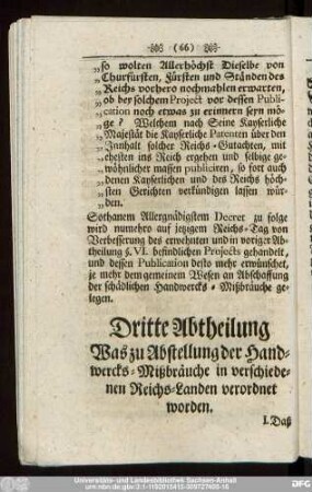 Dritte Abtheilung Was zu Abstellung der Handwercks-Mißbräuche in verschiedenen Reichs-Landen verordnet worden.