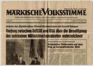 Regionale Tageszeitung der SED "Märkische Volksstimme" zur Unterzeichnung eines Abrüstungsvertrages zwischen der UdSSR und den USA in Moskau