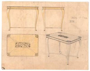 Entwurf eines Tischs : Vorder-, Seiten- und Draufsicht eines rechteckigen Tischs mit ornamentaler Tischplattengestaltung; handschriftliche Anmerkung