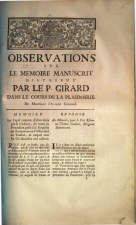 Observations Sur Le Memoire Manuscrit Distribué Par Le P. Girard Dans Le Cours De La Plaidoirie De Monsieur l'Avocat Géneral