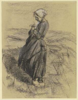 Mädchen auf dem Felde, strickend