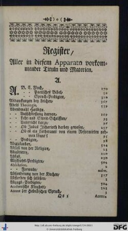 Register aller in diesem Apparatu vorkommender Tituln und Materien.