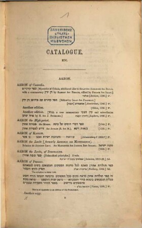 Catalogue of the Hebrew books in the British Museum : acquired during the years ..., 1. 1867