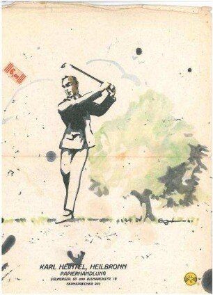 Löschpapierbogen mit Werbeeindruck der Fa. Karl Heintel, Papierhandlung und hübscher Darstellung eines Golfspielers