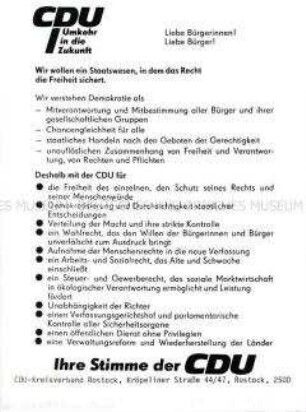 Flugblatt des CDU-Kreisverbands Rostock mit Programmschwerpunkt Staatswesen