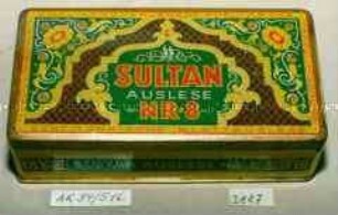 Blechdose für 50 Stück Zigaretten "SULTAN AUSLSE NR.8 ECHT TÜRKISCHE BLATTAUSLESE"