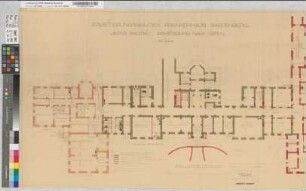 Erweiterungsbau des Krankenhauses Bardenberg. "Alter Bauteil"-Erweiterung nach Osten. Z. T. kolorierte Grundrisse. Kellergeschoß