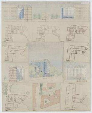 Städtebaulicher Ideenwettbewerb "Fasanenstraße", 2. Stufe, Engerer Bauwettbewerb (nicht realisiert) – Fasanenstraße: Lageplan, Grundrisse, Schnitt, Ansicht, Perspektivansicht. Berlin-Charlottenburg/Wilmersdorf, Grolmanstraße 41-43, Kantstraße 155-157, Fasanenstraße 81, Fasanenstraße 76-77, Uhlandstraße 18-19