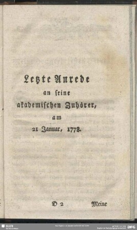 Letzte Anrede an seine akademischen Zuhörer, am 21 Januar, 1778