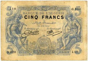 Geldschein, 5 Francs (FRF), 25.6.1914