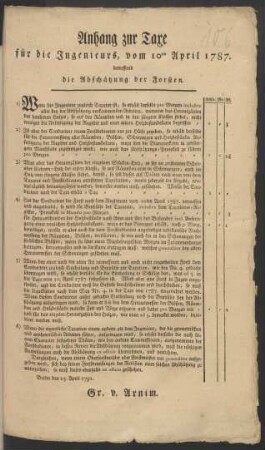 Anhang zur Taxe für die Ingenieurs vom 10ten April 1787, betreffend die Abschätzung der Forsten : [Berlin, den 25. April 1792]