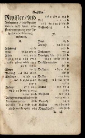 Register/ und Anleytung/ die Sprchwörter nach ihrem verstandt/ meynung und Inhalt ... zufinden.