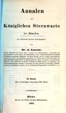 Annalen der Königlichen Sternwarte bei München, 6 = 21 d. Gesamtw. 1853