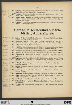 Gerahmte Kupferstiche, Farbblätter, Aquarelle etc. (Nr. 390-422)