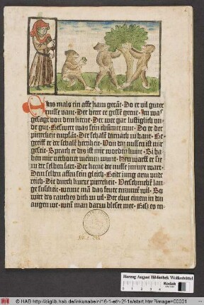 [E]Ins mals ein affe kam gera[n]t. Do er vil guter nusse vant. Der hette er gesse[n] gerne. ...