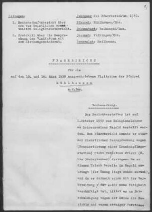 Mühlhausen/Enz: Pfarrbericht 1930