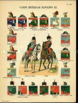 Uniformdarstellung, Jäger zu Pferde und Guide, Detailstudien der Kopfbedeckungen und Abzeichen verschiedener Kavallerie-Regimenter der Kaiserlichen Garde, Zweites Kaiserreich Frankreich, 1854/1857.