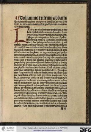 Johannis Tritemii abbatis Spanhemensis ordinis divi patris Benedicti de vita sacerdotum ad Nicolaum Mernicensem presbyterum tractatus exordium sumit.