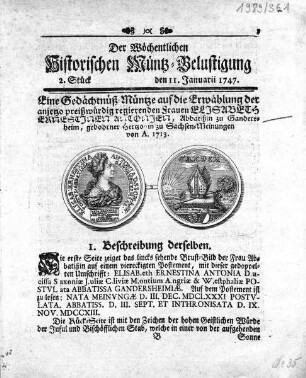 Münzbelustigung der Äbtissin Elisabeth Ernestine Antonie — Titelseite mit Abbildung der Gedächtnismünze der Abtissin Elisabeth Ernestine Antonie von Sachsen-Meiningen