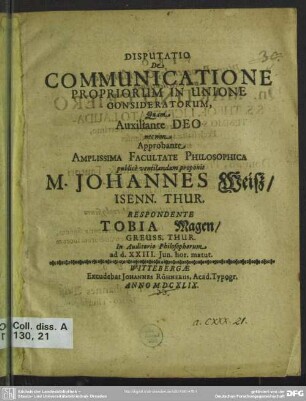 Disputatio de communicatione propriorum in unione consideratorum