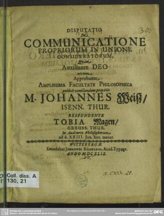 Disputatio de communicatione propriorum in unione consideratorum