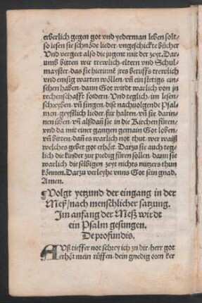 Volgt yetzund der eingang in der || Meß/ nach menschlicher satzung. || Jm anfang der Meß wirdt || ein Psalm gesungen. || De profundis. ||