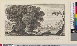 [Landschaft mit Hirten der mit seinen Tieren unter einem Baum rastet, im Hintergrund ein Anwesen]