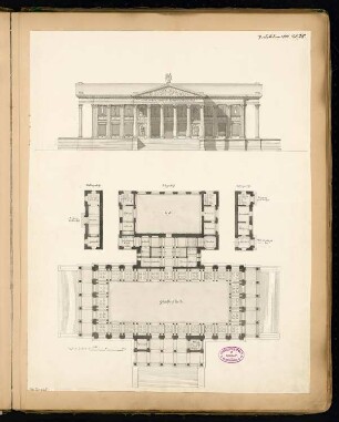 Gedächtnishalle Monatskonkurrenz Februar 1881: Grundriss Untergeschoss, Erdgeschoss, Aufriss Vorderansicht; Maßstabsleiste