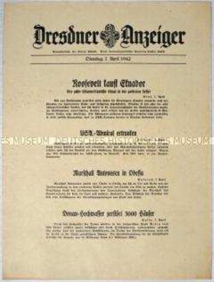 Nachrichtenblatt "Dresdner Anzeiger" mit internationalen Kurzmeldungen