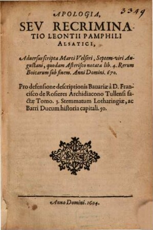 Apologia seu Recriminatio : (adversus M. Velserum pro defensione descriptionis Bavariae Francisci de Rosieres)