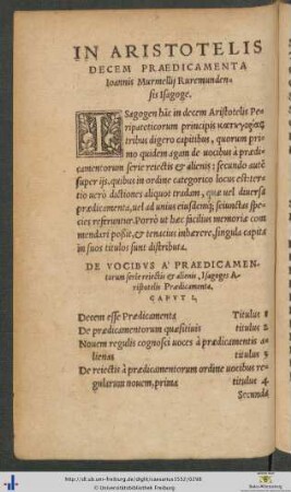 In Aristotelis Decem Praedicamenta Ioannis Murmellij Ruremundensis Isagoge