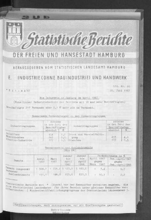 Die Industrie in Hamburg im April 1967 : Lfd. Nr. 20