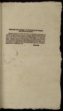 Gnädigste Verordnung, die Verkaufung der Ziegeln und Kalkes betreffend : Zweybrücken den 28 December 1769.
