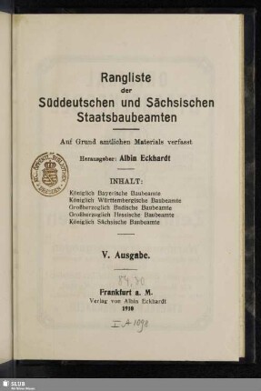 5.1910: Rangliste der süddeutschen und sächsischen Staats-Baubeamten
