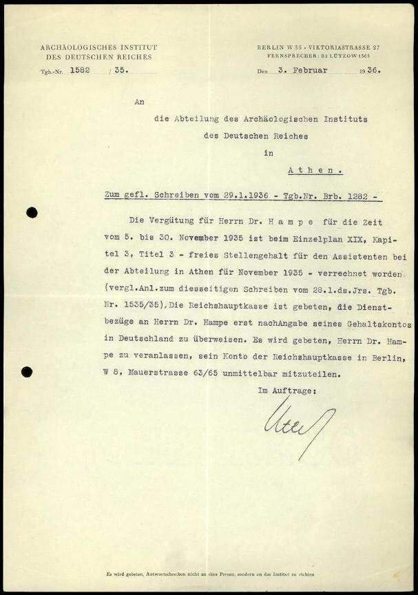 DAI Zentrale an DAI Athen | Digitalisierung: Deutsches Archäologisches Institut, Athen, Archiv