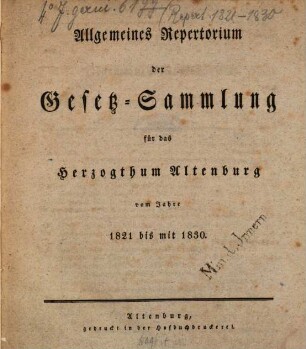 Gesetz-Sammlung für das Herzogthum Altenburg : auf das Jahr .... [1831,a]