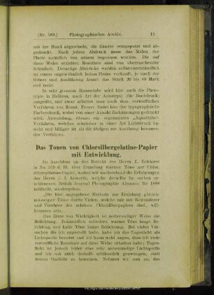 Das Tonen von Chlorsilbergelatine-Papier mit Entwicklung