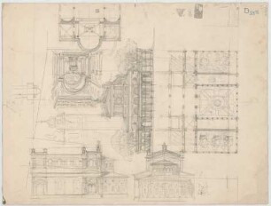 Thiersch, August ; München - Schwabing; Kath. Pfarrkirche St. Ursula - Grundriss, Teilgrundriss, Ansicht; Innenraum (Perspektive)