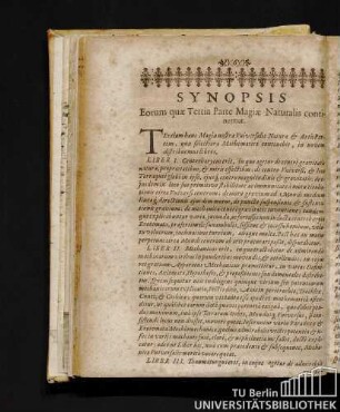 Synopsis Eorum quae Tertia Parte Magiae Naturalis continentur.