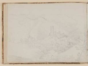 Die Ruine von Burg Sauerburg im Sauerthal nahe Kaub [aus einem Skizzenbuch der Rosette Städel, Blatt 19v]