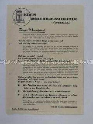 Propagandaflugblatt aus der Friedensbewegung der Bundesrepublik mit einem Aufruf zum Kampf gegen die atomare Aufrüstung