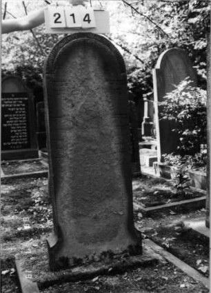 Grabstein 214 (Index: 100094409) Material: Sandstein Zustand: verwittert, fast völliger Textverlust Maße HxBxT: 128x44x16 cm Beschreibung: Stele, Rundbogenabschluß: Grabstein 214