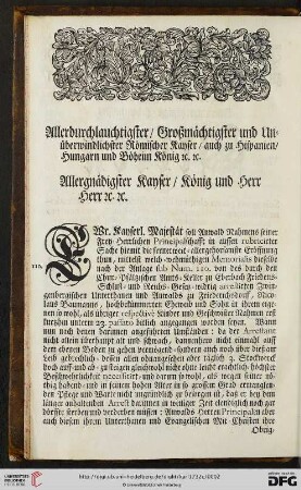 Allerdurchlauchtigster / Großmächtigster und Unüberwindlichster Römischer Kayser / auch zu Hispanien / Hungarn und Böheim König
